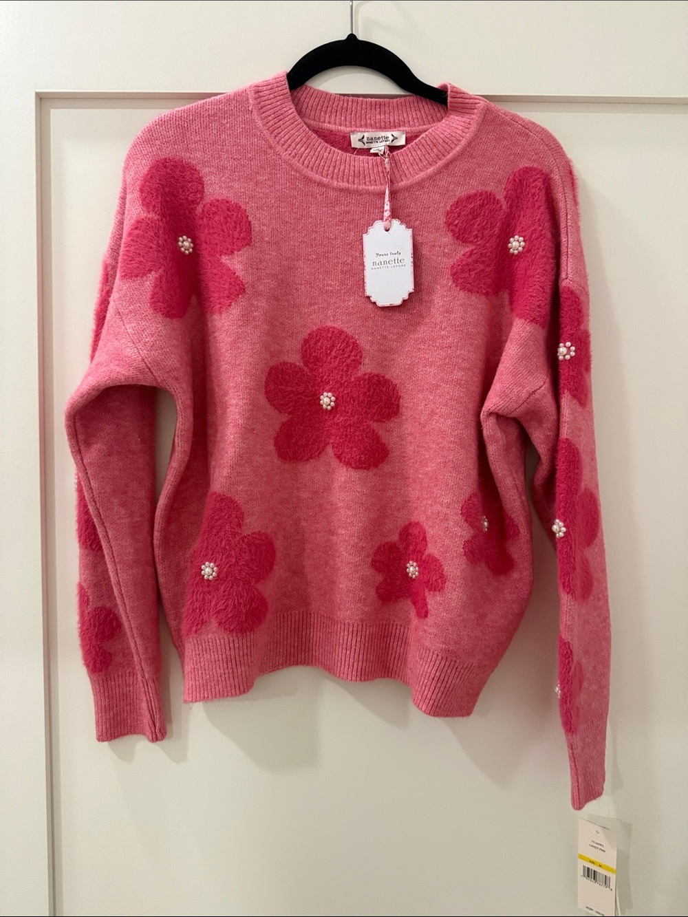 Nanette Lepore Hot Pink Floral Pearl-Embellished Crewneck Sweater